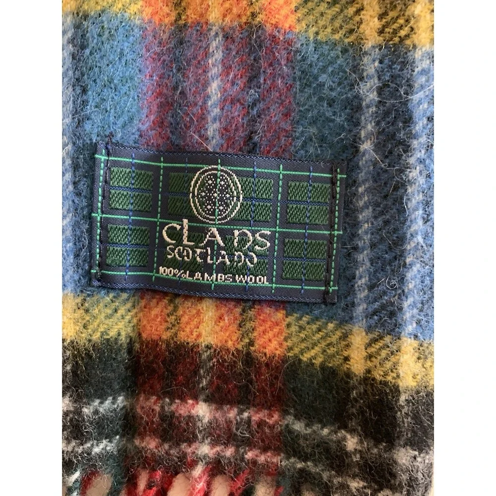 Clans Scotland 100% Lambswool Tartan Plaid Scarf Blue Red Wool Fringe 58